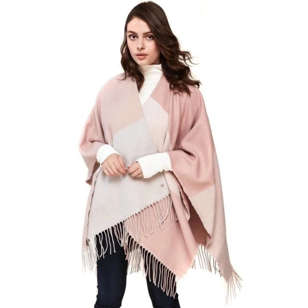 SOIA & KYO • Yadira Woven Scarfigan wrap shawl poncho scarf pink beige fringed